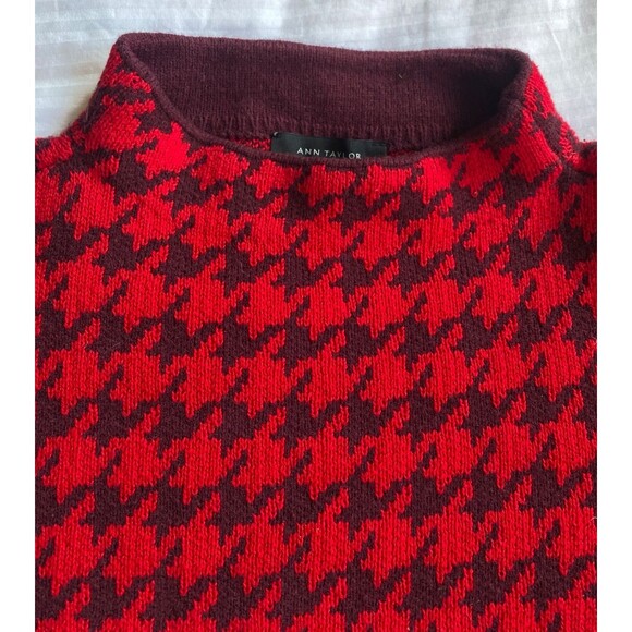 Ann Taylor Sweater Mock Neck Knit Houndstooth Red Small Holiday - Picture 4 of 9
